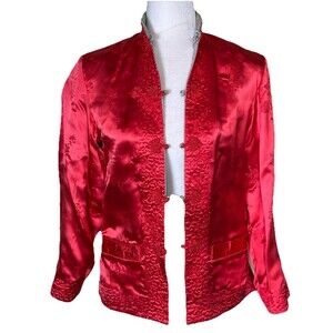 Vintage Peony Shanghai Red Gray Satin Reversible Jacket Women's Size Small